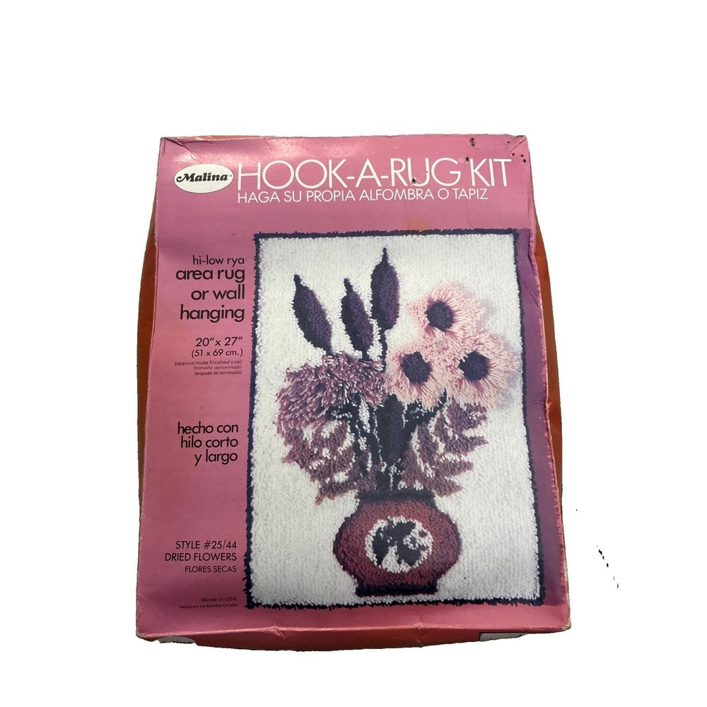 Malina Hook A Rug Kit Floral Cat Tails Rug Or Wall Hanging 1970s 20x27 Vintage